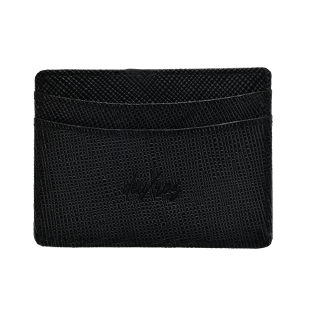 deuXros black saffiano leather cardholder landscape side ghost, crosshatch finish, embossed script logo