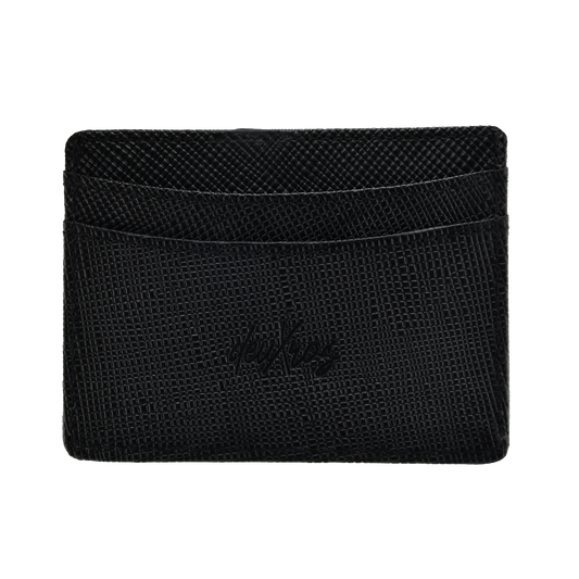 deuXros black saffiano leather cardholder landscape side ghost, crosshatch finish, embossed script logo