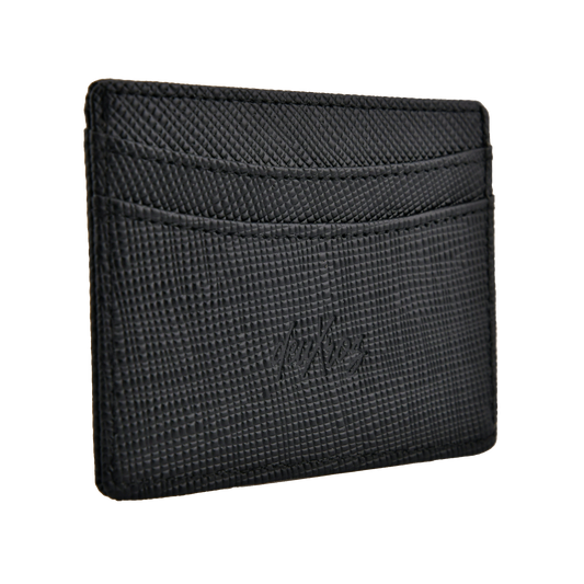 deuXros black saffiano leather cardholder angled ghost view, crosshatch finish, embossed script logo