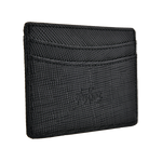 deuXros black saffiano leather cardholder angled ghost view, crosshatch finish, embossed script logo