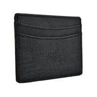 deuXros black saffiano leather cardholder angled ghost view, crosshatch finish, embossed script logo