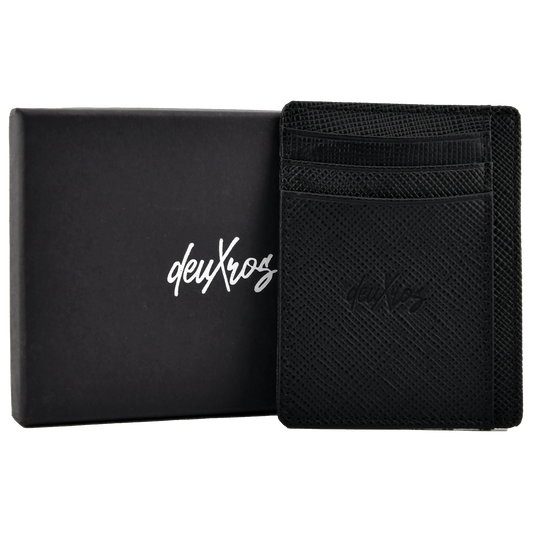 deuXros black saffiano leather cardholder with packaging box, dual sided layout showing both portrait and landscape orientations
