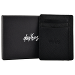 deuXros black saffiano leather cardholder with packaging box, dual sided layout showing both portrait and landscape orientations
