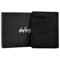 deuXros black saffiano leather cardholder with packaging box, dual sided layout showing both portrait and landscape orientations
