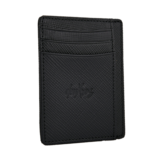 deuXros black saffiano leather cardholder portrait side angled view, dual sided layout, embossed script logo