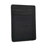 deuXros black saffiano leather cardholder portrait side angled view, dual sided layout, embossed script logo