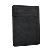 deuXros black saffiano leather cardholder portrait side angled view, dual sided layout, embossed script logo