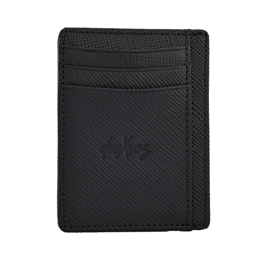 deuXros black saffiano leather cardholder portrait side ghost, six card slots, center compartment