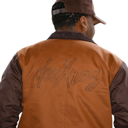 deuXros brown canvas jacket back embroidery detail, tonal script logo, two-tone construction with contrast sleeves