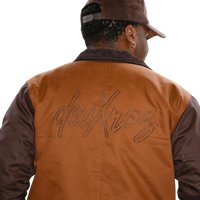 deuXros brown canvas jacket back embroidery detail, tonal script logo, two-tone construction with contrast sleeves
