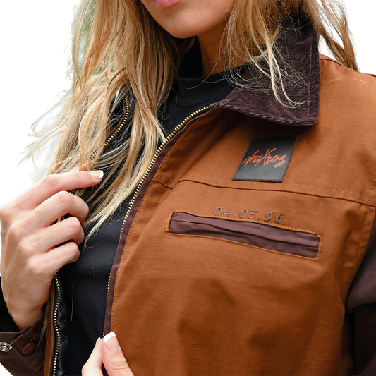 deuXros brown canvas jacket chest detail, embroidered script label and date at zip pocket, corduroy collar