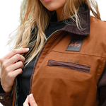 deuXros brown canvas jacket chest detail, embroidered script label and date at zip pocket, corduroy collar