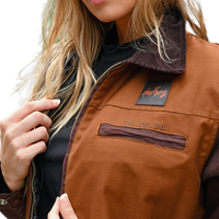 deuXros brown canvas jacket chest detail, embroidered script label and date at zip pocket, corduroy collar