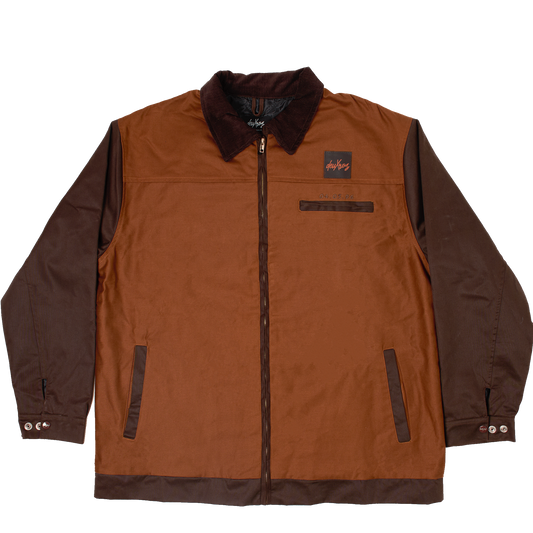 deuXros brown canvas jacket ghost image front view, two-tone cotton canvas, corduroy collar, snap cuffs