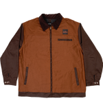 deuXros brown canvas jacket ghost image front view, two-tone cotton canvas, corduroy collar, snap cuffs