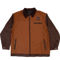 deuXros brown canvas jacket ghost image front view, two-tone cotton canvas, corduroy collar, snap cuffs