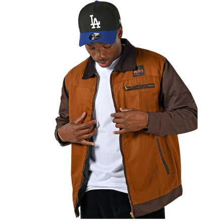 deuXros brown canvas jacket lifestyle shot, two-tone construction with corduroy collar, styled with white tee