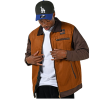 deuXros brown canvas jacket lifestyle shot, two-tone construction with corduroy collar, styled with white tee