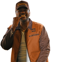 deuXros brown canvas jacket lifestyle shot, date detail and embroidered script at chest, styled with deuXros corduroy hat