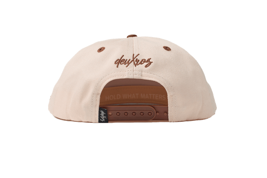 deuXros cream brown snapback back view, hold what matters headband detail, tonal eyelets, adjustable snap closure