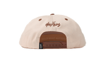 deuXros cream brown snapback back view, hold what matters headband detail, tonal eyelets, adjustable snap closure