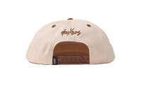 deuXros cream brown snapback back view, hold what matters headband detail, tonal eyelets, adjustable snap closure