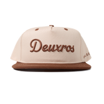 deuXros cream brown snapback ghost front view, embroidered script logo, contrast brown brim, mid-profile structured crown