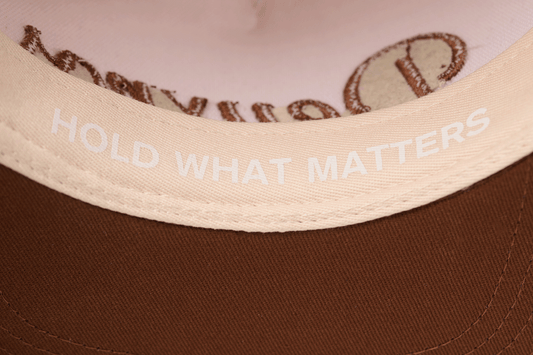 deuXros snapback hold what matters headband interior detail, cream and brown colorway