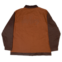 Brown jacket with deuxros logo on a white background